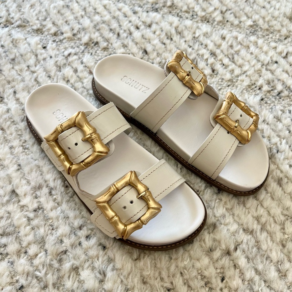 Schutz Enola 6.5 Sporty Leather Sandal Slides Ivory and Gold